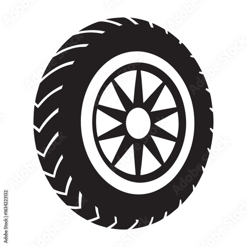 A stylized black and white graphic of a robust tire with a distinct tread pattern and an eight spoke wheel