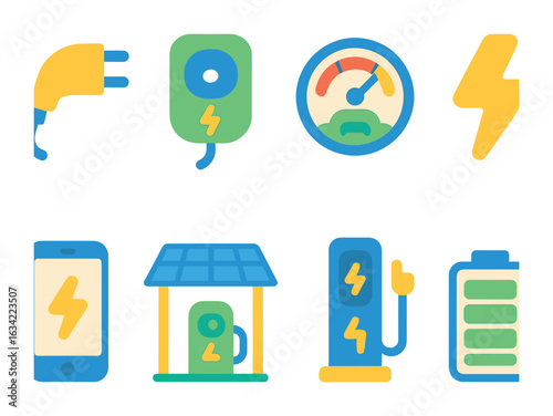 Electric Car Icons. Flat vector mini-illustrations electric car charging infrastructure in colors children's