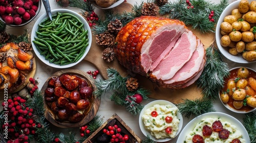 Festive Holiday Table Arrangement Featuring Delicious Feast Items