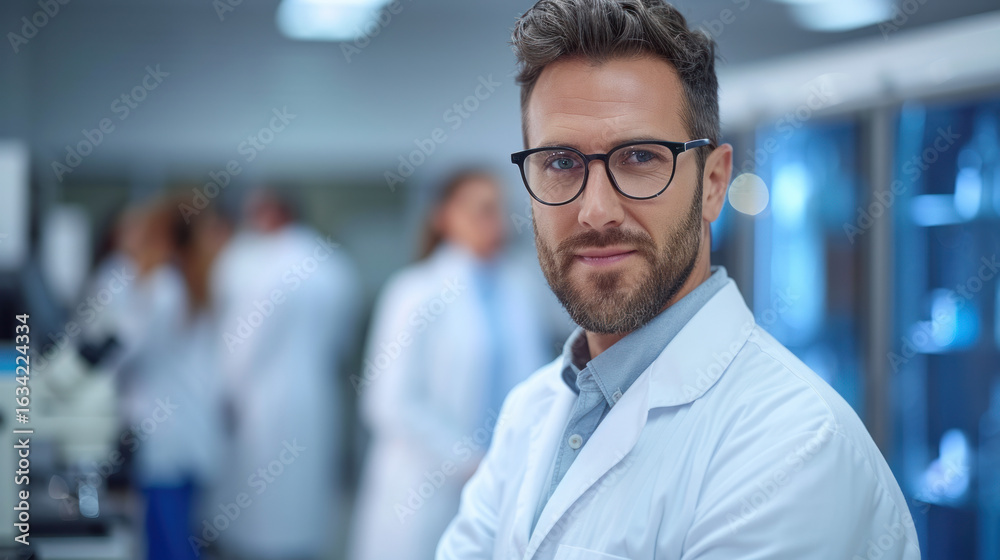 Fototapeta premium Confident scientist in lab coat with glasses. Modern laboratory with scientific equipment in background.