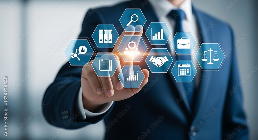 Naklejka premium Business Professional Interacting With Digital Icons
