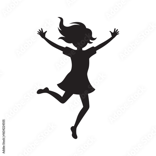 Joyful silhouette of a young girl leaping with arms raised in celebration