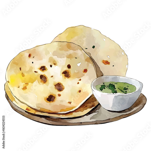Watercolor Illustration of Indian Flatbreads with Green watercolor.vector transparent background cutout