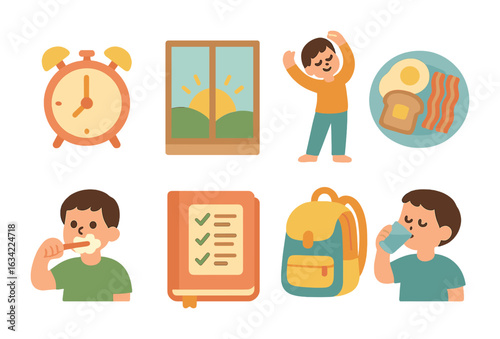 Morning Routine Icons. Flat vector mini-illustrations building a morning routine in colors children's