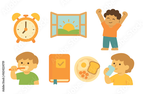 Morning Routine Icons. Flat vector mini-illustrations building a morning routine in colors children's