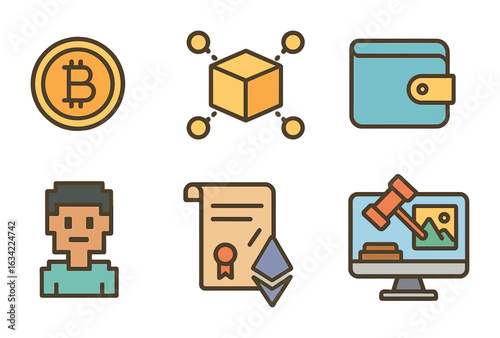 Crypto Icons for Kids. Flat vector mini-illustrations virtual currency and blockchain art in colors children's