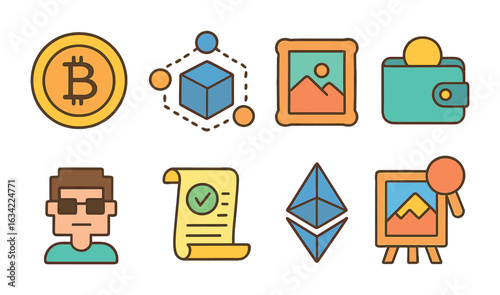 Crypto Icons for Kids. Flat vector mini-illustrations virtual currency and blockchain art in colors children's