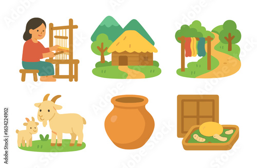Rural Weaving Icons. Flat vector mini-illustrations rural weaving communities in colors children's