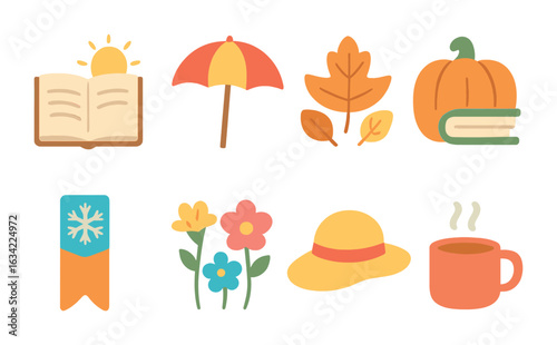 Seasonal Reading Icons. Flat vector mini-illustrations seasonal reading themes in colors children's