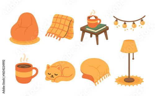 Cozy Reading Nooks. Flat vector mini-illustrations cozy reading nooks in colors children's illustrations: bean