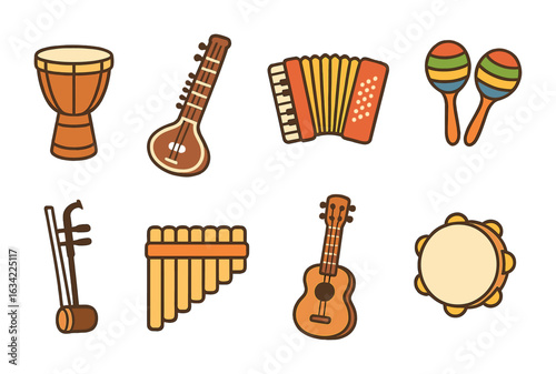World Music Instruments. Flat vector mini-illustrations world music and instruments in colors children's
