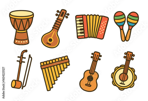 World Music Instruments. Flat vector mini-illustrations world music and instruments in colors children's