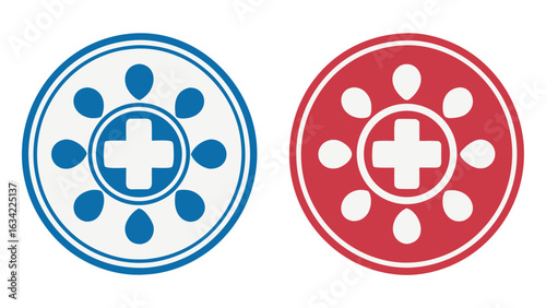Medical health icons with blue and red circular symbols and white cross in center
