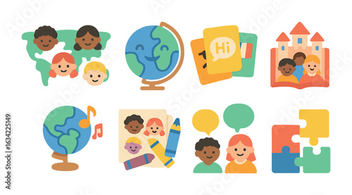 Intercultural Learning Icons. Flat vector mini-illustrations intercultural learning for children in colors