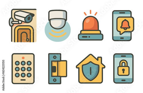 Digital Home Security Icons. Flat vector mini-illustrations digital home security in colors children's