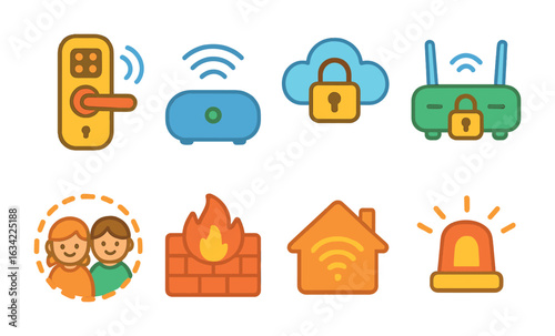 Smart Home Safety Icons. Flat vector mini-illustrations IoT and household safety in colors children's