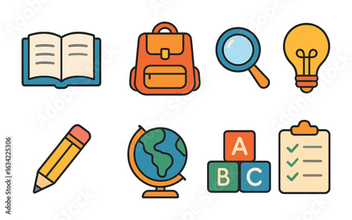 Colorful Learning Icons. Flat vector mini-illustrations learning goals in colors children's illustrations:
