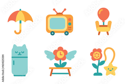 Whimsical Object Icons. Flat vector mini-illustrations everyday objects reimagined in colors children's