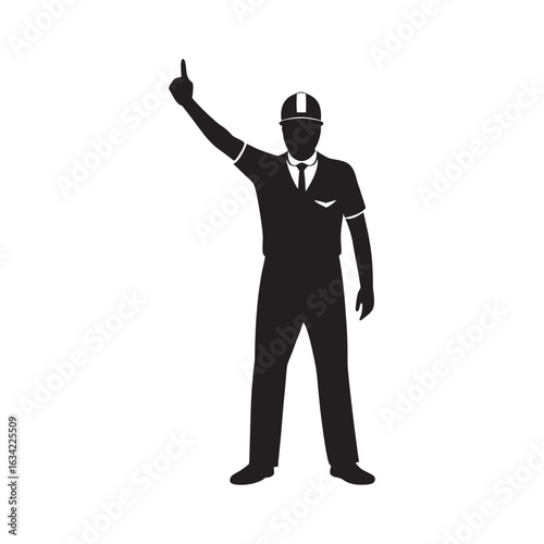 Silhouette of a sports official in uniform signaling a penalty or a point with their raised index finger