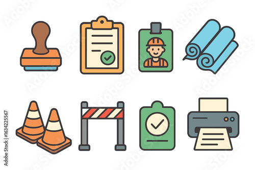 Construction Permit Icons. Flat vector mini-illustrations construction permit process in colors children's