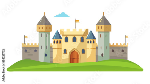 Colorful illustration of a medieval castle with towers and flags situated on green hills under a blue sky