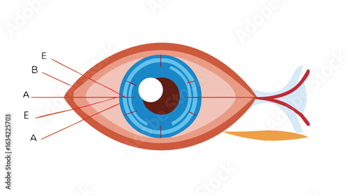 Diagram illustrating the structure and components of a human eye with labeled parts and functions for educational purposes