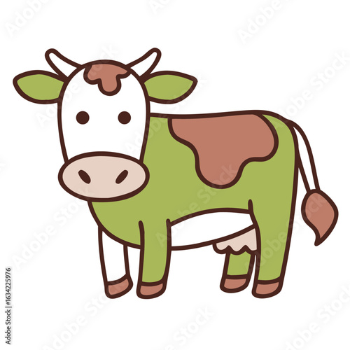 Cartoon illustration of a colorful cow standing proudly in a playful pose against a simple background