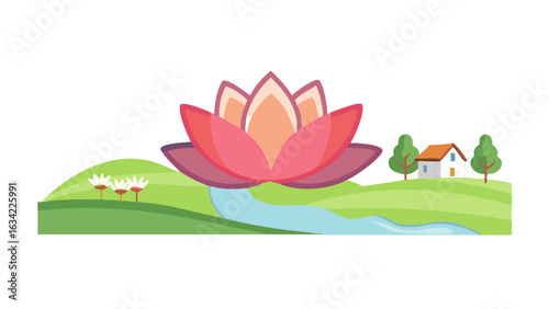 Large pink lotus flower floats on serene river next to cozy house and green hills during bright sunny day