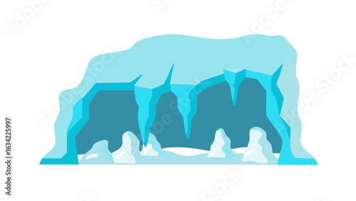 Ice cave formation showcasing stunning blue and white hues with icy stalactites under soft ambient light during a winter landscape