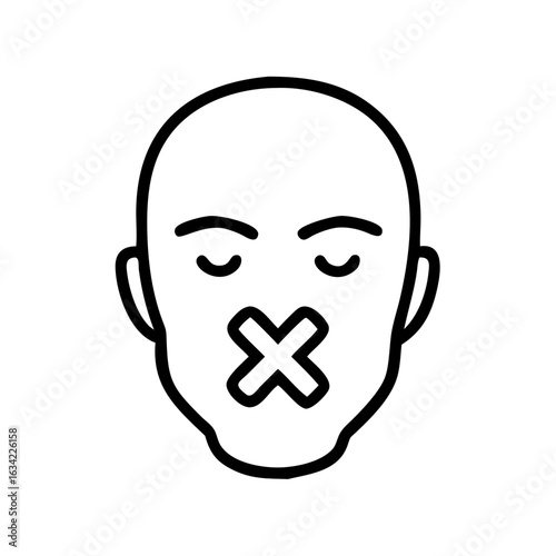 Symbolic representation of silence and censorship with a faced figure showing a crossed-out mouth in a simplistic design