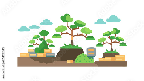 Colorful illustration of trees and bushes on a hill with boxes in a sunny environment highlighting nature and sustainability