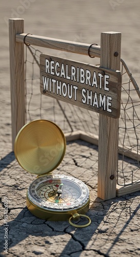 Compass and Sign on Cracked Earth with Message of Recalibration