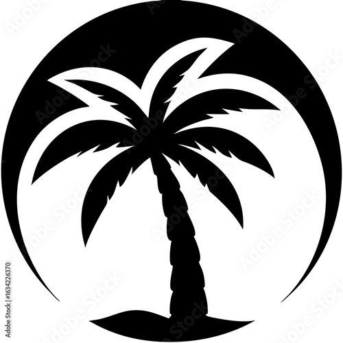 Palm tree silhouette against a circular backdrop highlighting tropical vibes in a minimalist style
