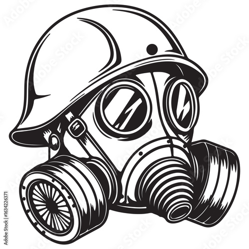 Illustration of a gas mask with a helmet isolated on white background, a symbol of protection in hazardous military and industrial settings