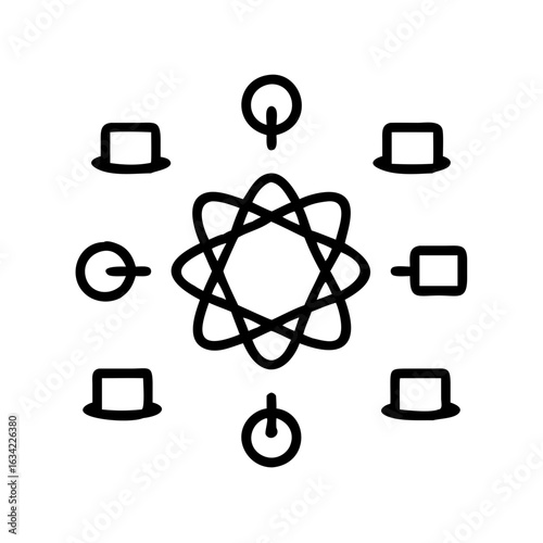 Graphic design featuring abstract shapes and power symbol arranged in a circular pattern with a star motif in the center