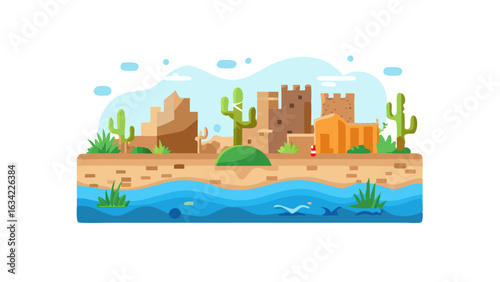 Exploring a vibrant desert landscape with ancient ruins, a flowing river, and vegetation under a bright sky
