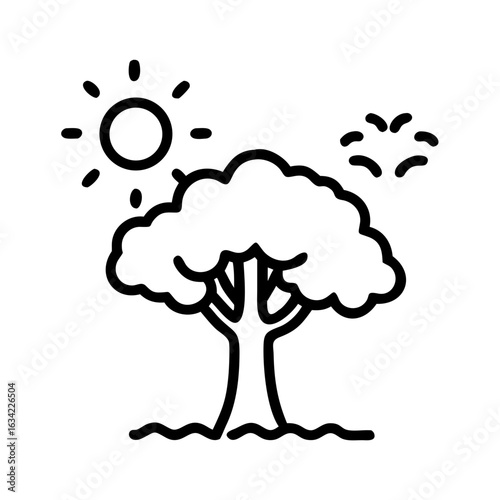 Outline of a tree under a sun with decorative elements showcasing a bright and cheerful outdoor setting