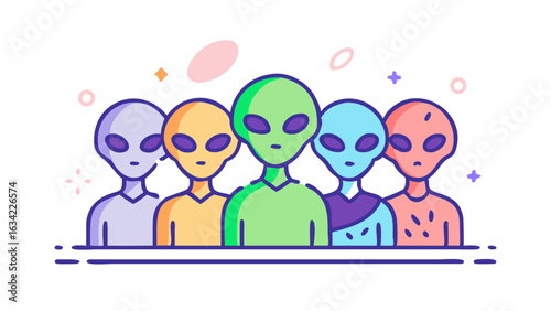 Alien characters standing together in a colorful design, showcasing diversity in extraterrestrial features and expressions