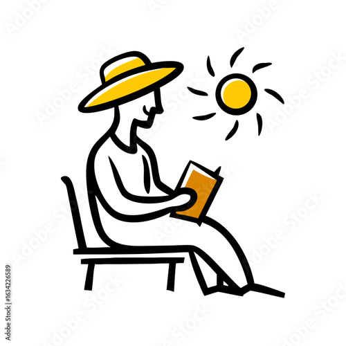 Relaxing under the sun with a book in hand while wearing a straw hat on a warm and bright day in a peaceful outdoor setting