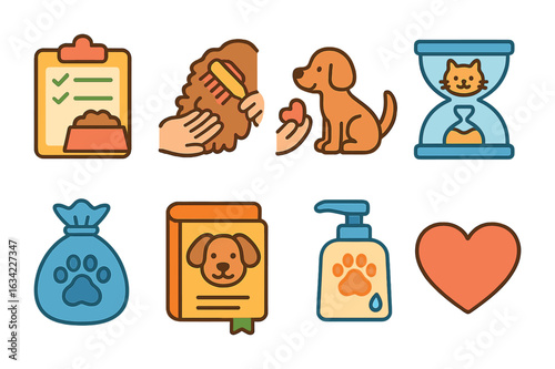 Pet Care Icons. Flat vector mini-illustrations learning to care for pets in colors children's illustrations: