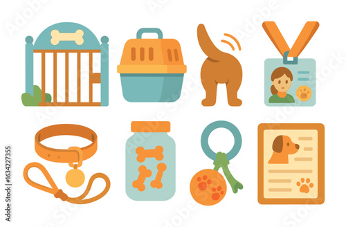 Animal Shelter Icons. Flat vector mini-illustrations visiting an animal shelter in colors children's