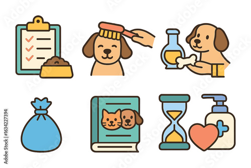 Pet Care Icons. Flat vector mini-illustrations learning to care for pets in colors children's illustrations: