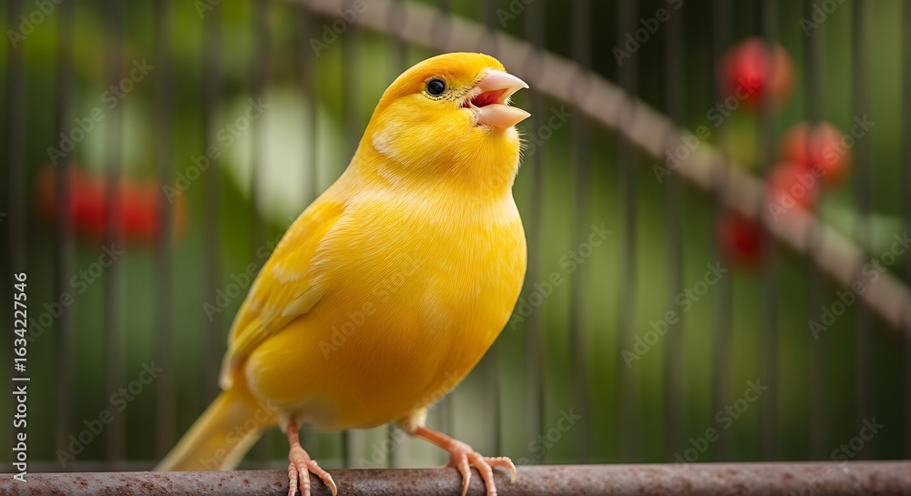 Fototapeta premium Bright yellow canary singing joyfully in its cage