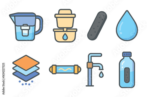Water Purification Innovations. Flat vector mini-illustrations innovations in water purification and