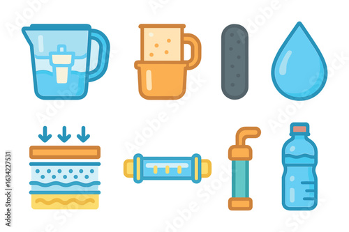 Water Purification Innovations. Flat vector mini-illustrations innovations in water purification and