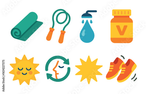 Energizing Morning Habits. Flat vector mini-illustrations energizing morning habits in colors children's