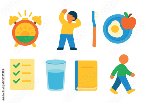 Morning Routine Icons. Flat vector mini-illustrations planning a productive morning routine to start the day