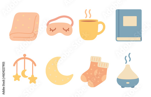 Children's Bedtime Icons. Flat vector mini-illustrations Peaceful bedtime routine in colors children's