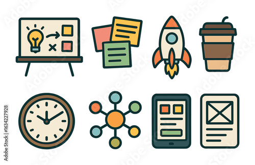 Tech Brainstorming Icons. Flat vector mini-illustrations Brainstorming sessions in tech incubators in colors