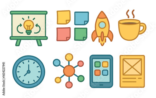 Tech Brainstorming Icons. Flat vector mini-illustrations Brainstorming sessions in tech incubators in colors